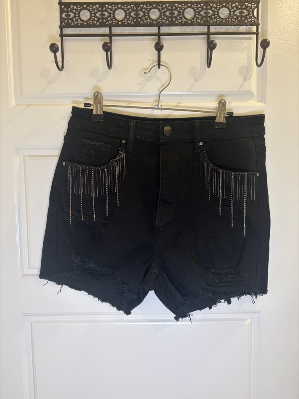 Risen Black Distressed Denim Shorts Rhinestone Fringe High Rise Size Large